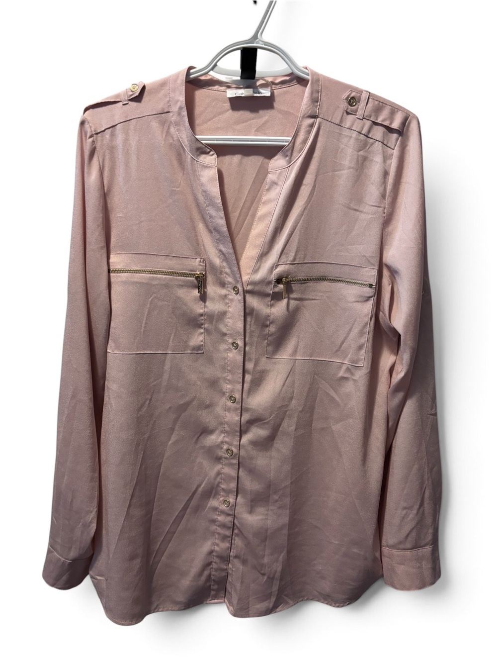Calvin Klein Blush Pink Shirt Utility Blouse Medium Zip Pocket Career Office Top
